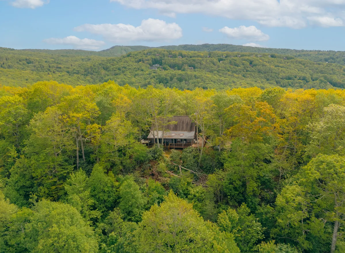 A scenic view of the home nestled among mature trees, with the expansive forest and distant mountains as a backdrop. The landscape invites exploration and suggests proximity to hiking and local attractions.